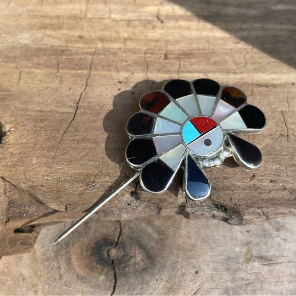 Vintage Signed Zuni Inlay Sun Face Pendant Pin Turquoise Coral Onyx MOP TigerEye - Picture 4 of 12
